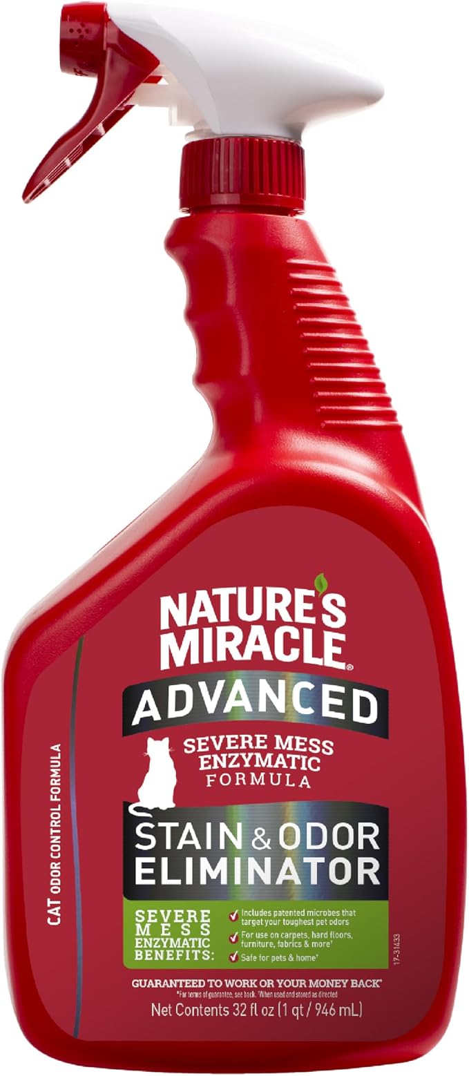 Nature's Miracle Advanced Cat Stain and Odor Eliminator Spray,Severe Mess Enzymatic Formula,32 fl oz,(Pack of 2)