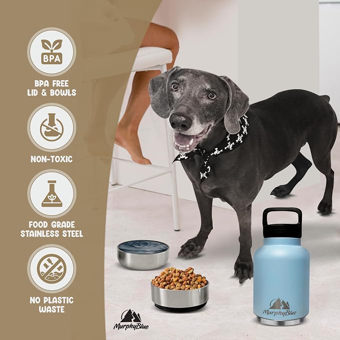 MurphyBlue Dog Water Bottle | 32 oz. Capacity Insulated Stainless Steel, Lid w/Built-in Carabiner, BPA Free Plastic Detachable Bowls, Portable Dog Water Bottles, Travel Bowls for Pets