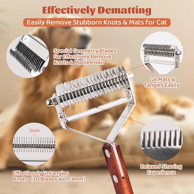 Pet Brush for Dematting & Deshedding, Professional Cat Grooming Brush | Dog Grooming Brushes with Wood Handle, Shedding Comb for Indoor Cats & Long Haired Cat Dog Pet
