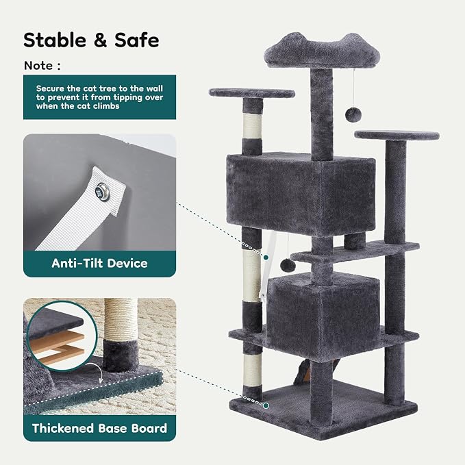 DUMOS 54 Inch Cat Tree Tower with Scratching Posts | Indoor Multi-Level Pet House for Large Cats with 2 Condos, Round Platform, Small Ladder and Toys, Grey