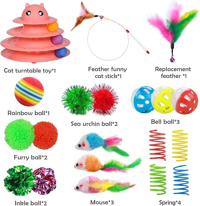 UPSKY 20 PCS Cat Toys - 3-Level Turntable Roller with Balls for Indoor Cats, Kitten Set with Teaser, Mice, Spring, and Various Ball Toys