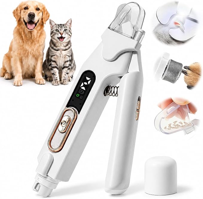 2-in-1 Dog Cat Nail Clippers & Grinder with LED Light, Pet Nail Trimmer with Splash Guard & Safety Lock, 2 Speeds USB Rechargeable Quiet Paw Nail Cutter for Large Medium Small Dogs Cats (White)