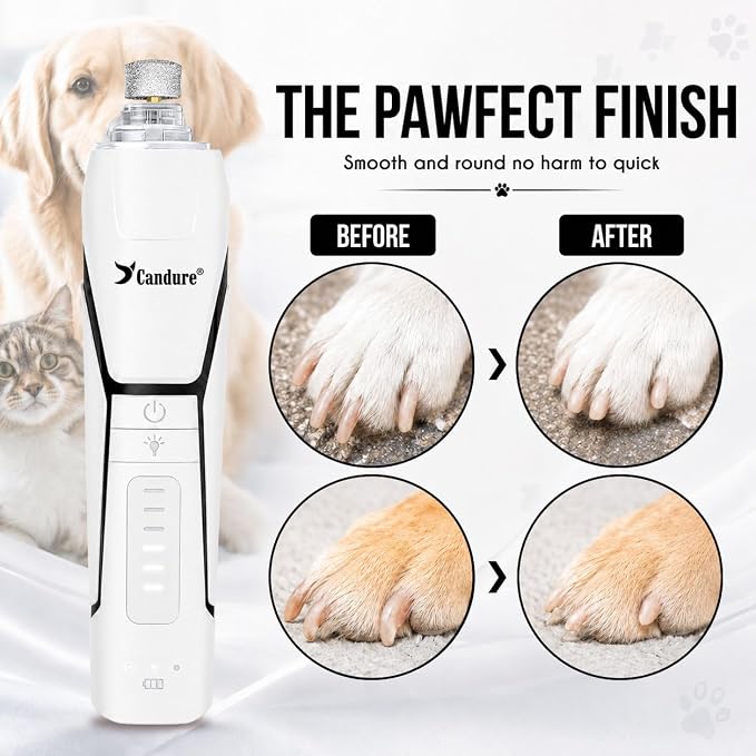 Candure Dog Nail Grinder Upto 6-Speed Dog Nail Trimmer for Large, Medium, Small Dogs, Cats & Pets - Low Noise Rechargeable Dog Claw Grinder with 360° LED Lights & Extra Grinder Head (White)