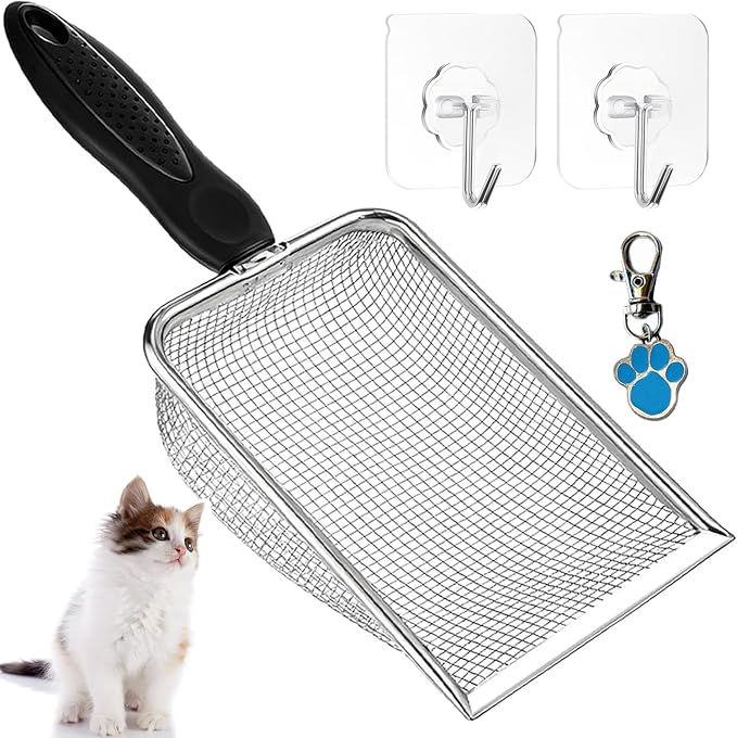 Cat Litter Scoop, Stainless Steel Cats Sturdy Mesh Scooper Kitty Metal Scooper Long Handle Scooper Shovel Sifter for All Litter Types Metal Cat Scooper for Litter Box