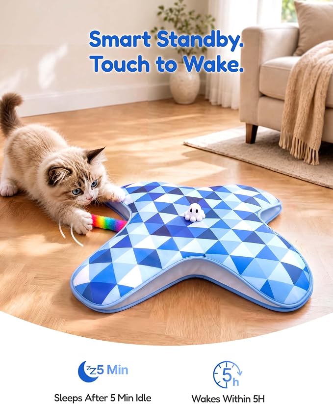 PetBusy [Baby Grade Automatic Hide &Seek Interactive Cat Toys for Indoor Cats,[Week-Long Big Battery] Rechargeable Smart Touch-Activated Kitten Toy with Moving Rainbow Tail for Bored Adult Cats, Blue
