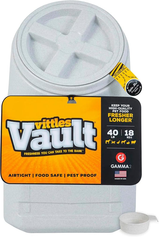 Vittles Vault Traditional Pet Food Storage Container For Dog Kibbles/Bird Seed/Oatmeal/Rice/Flour/Cereal, BPA Free Plastic, Sealed Airtight For Cat Food, Up To 40 lb, Made in USA, With Scoop, Gray