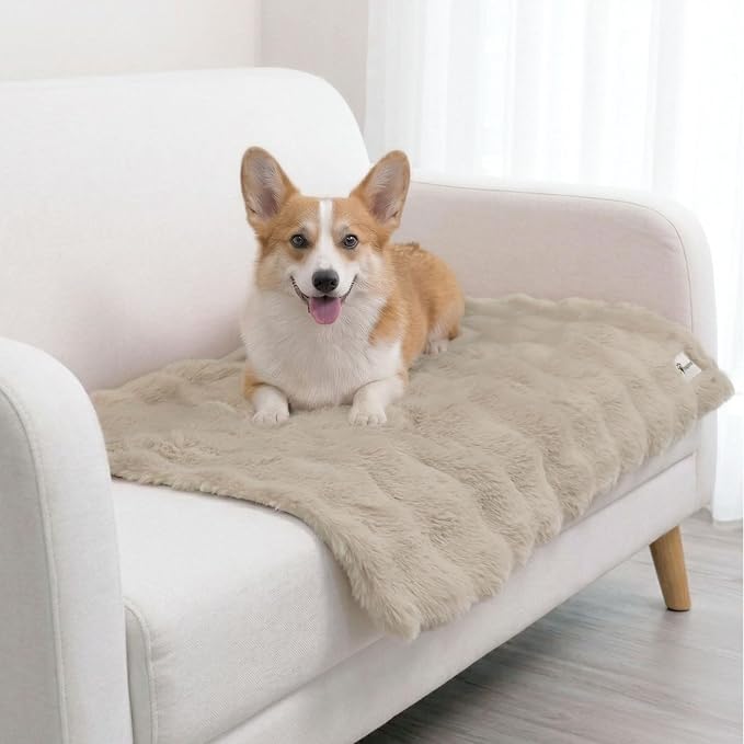 Paw Inspired Waterproof Dog Blanket, Soft Faux Fur Throw with Fur-Resistant Fleece, Washable Pet Blanket, Waterproof Protection for Couch, Bed, Furniture, Crate, Car (40x30, Tan)