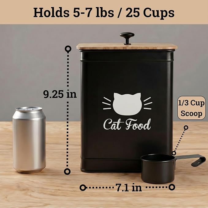 Cat Food Container with Scoop 5-7 lb (25 Cup), with Airtight Bamboo Lid | Cat Kibble Canister with Metal Scoop, 25 Cups, Chew Proof Iron Body, Powder Coated, Airtight Bamboo Lid, Sturdy Metal Handle