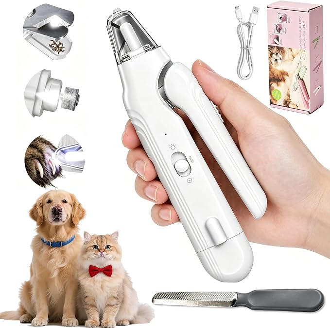 2 in 1 Dog Nail Clippers with Grinder and 2 LED Lights, Safety Lock & Catcher Cap Rechargeable Pet Nail Trimmer for Large Medium Small Dogs & Cats, Dog Nail grinder Quiet, Painless Grooming Tool