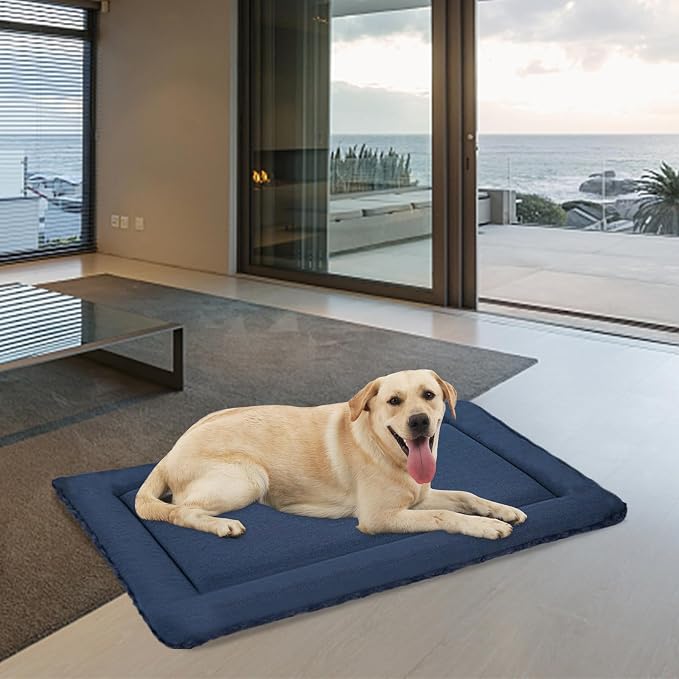 EMPSIGN Dog Crate Pad for 42"x28" Dog Crate, Plush/Canvas Navy | Reversible Kennel Mat (Cool & Warm), Machine Washable, Cozy Plush Sleeping Pad, All-Season Pet Bed
