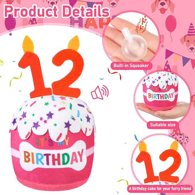 Dansydaisy Dog Birthday Cake Toy Squeaky Plush Toy for Girl Boy Gifts, Chew Accessories for Dog Birthday Party Decor Favor for Large, Medium and Small Dogs(12th,Pink)