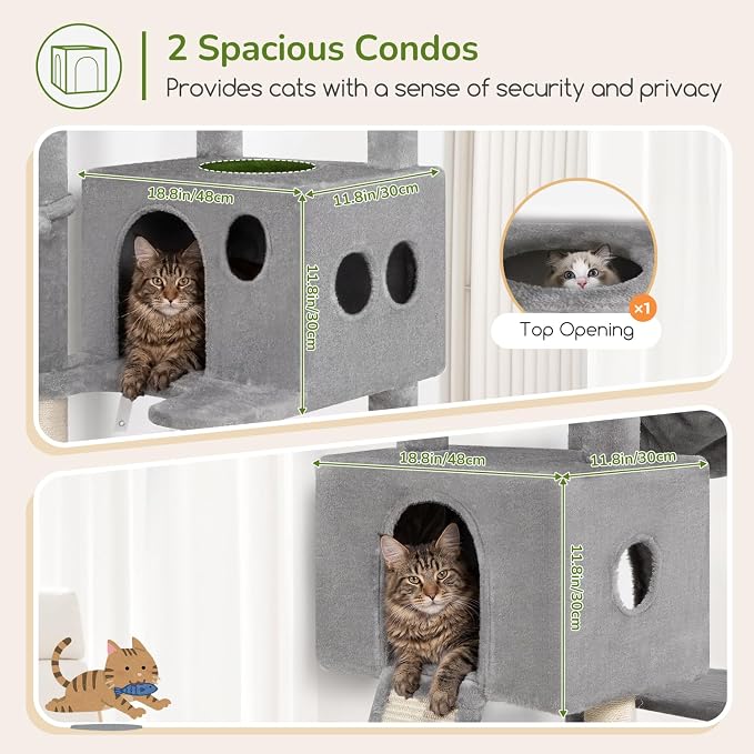 Globlazer Tall Cat Tower Extra Large Cat Tree House, S77D, Light Grey | 77 inch Cat Climbing Tower for Indoor Cats Large Adults with 5 Scratching Posts, 2 Cat Condos, 2 Platforms