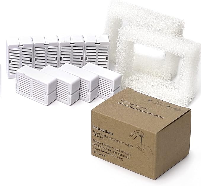 Cat Water Fountain Replacement Filter, 8 Pack Cat Fountain Carbon Filters and 2 Pack Foam Filters for Ceramic Pet Drinking Fountain and Stainless Steel Pet Water Fountain (8+2 Pack)