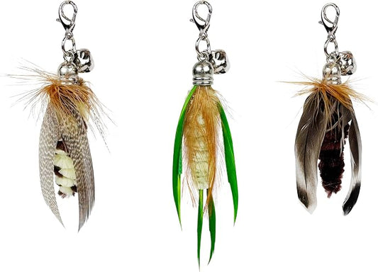 TTcat 3 Pack Mini Natural Feather Cat Wand Refills, Small Detachable Clip-on Feather Replacement Attachments with Bells, Universal Lobster Clasp Cat Teaser Refills, Hunting Prey Toy for Indoor Cats.