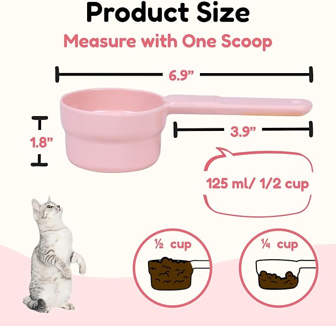 1/2 Cup Dog Food Scoop, Extra Long Handle Sturdy Melamine Pet Food Measuring Scoop with Clear Marking Lines, BPA-Free, Shatterproof, Dishwasher Safe (Pink, 1/2 Cup)