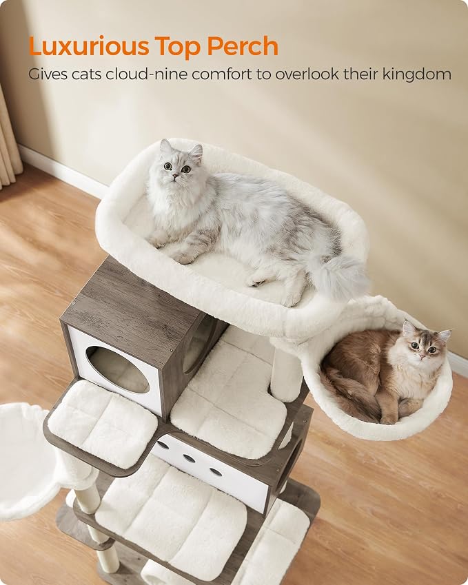 Feandrea Cat Tree, 75.6-Inch Modern Cat Tower, Tall Multi-Level Condo with 2 Caves, 2 Hammocks, 4 Scratching Posts, Self-Groomer, Tunnel, Perch, Heather Greige UPCT193G01 | Tall Cat Tower, 4 Scratching Posts, Self-Groomer, Tunnel, Perch, Heather Greige...