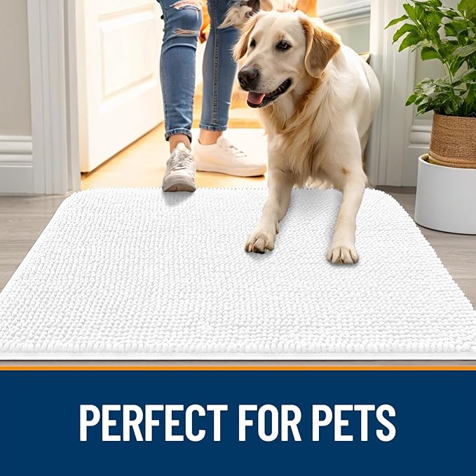 OLANLY Dog Door Mat for Muddy Paws 36x24, Super Absorbent Chenille Mud Mat | White, Absorbs Moisture and Dirt, Non-Slip Machine Washable Doormat, Quick-Drying Indoor Entryway Floor Carpet for Dogs