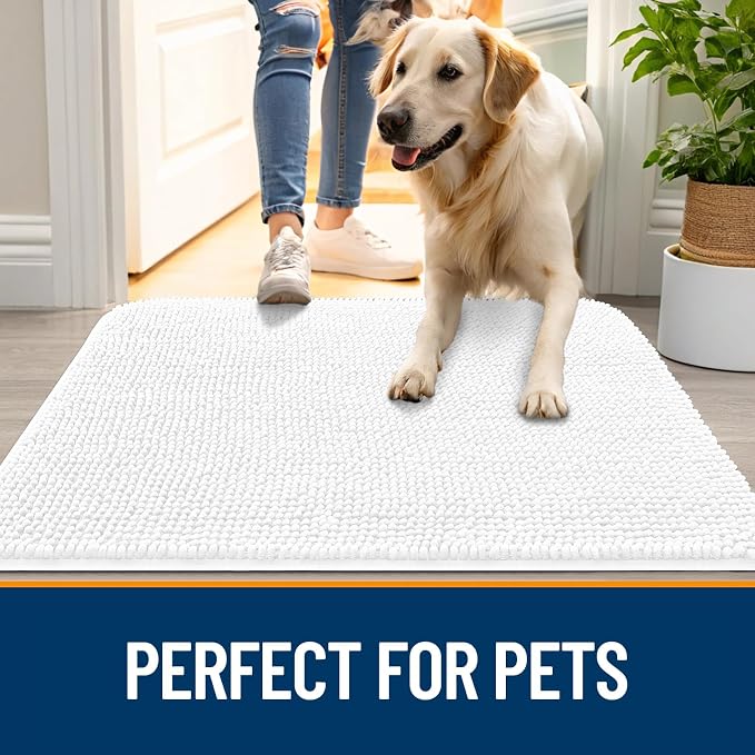 OLANLY Dog Door Mat for Muddy Paws 54x32, Super Absorbent Chenille Mud Mat | White, Absorbs Moisture and Dirt, Non-Slip Machine Washable Doormat, Quick-Drying Indoor Entryway Floor Carpet for Dogs