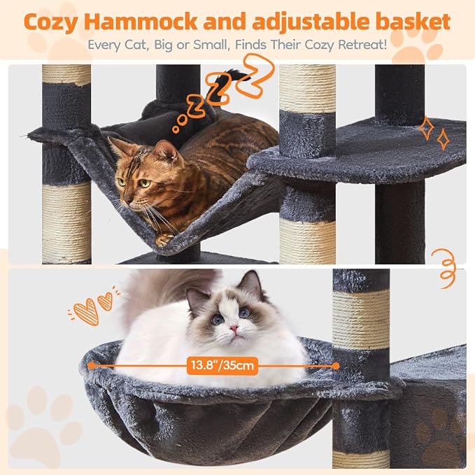 Taoqimiao Large Cat Tree, 73 in Tall Cat Tower with 2 Plush Big Cat Condos | 9 Scratching Posts, 2 Top Perches, Cozy Hammock & Basket, Indoor Cats, 2 Pompoms & Mouse Toy, Smoky Gray, MS013XLG
