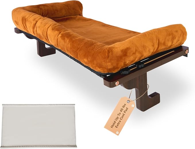 [Ready to Gift] PURRHOUSE 45LBS Cat Window Perch with Bolster, Hammock Seat with Plywood & Metal Frame, Cat Bed for Windowsill, Bedside and Cabinet (Walnut Wood & Brown Cushion, 24.8''W x 9.4''H)