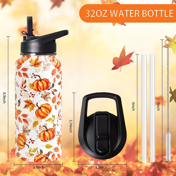 32oz Fall Pumpkin Stainless Insulated Aater Water Bottle with Straw,Autumn Gym Hiking Sports Coffee Mug Cup Water Bottles,Fall Decor Stuff Accessories