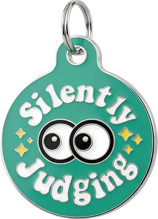 Bad Tags Personalized Dog and Cat ID Tags in 25+ Designs and 2 Sizes - 5 Lines of Custom Engraved Text - Funny Cute Personalized Pet Tags (Silently Judging - Green, Large (1.25 inch))
