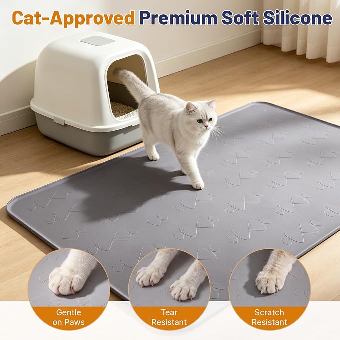 Cat Litter Mat, XL 54x34in Waterproof Silicone Litter Box Mat, Grey | XXL Cat Mat Fits 2-4 Litter Boxes, Litter Trapping Mat with Raised Edges, Non-Slip Bottom, Easy Clean Kitty Litter Mat