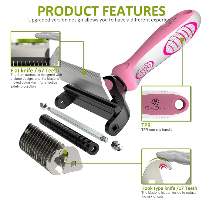Spring Blossoms-2 in 1 Professional Grooming Rake for Cats & Dogs-Dematting Comb for Easy Mats & Tangles Removing,Pet Brush Safe No More Nasty Shedding and Flying Hair (Purple)