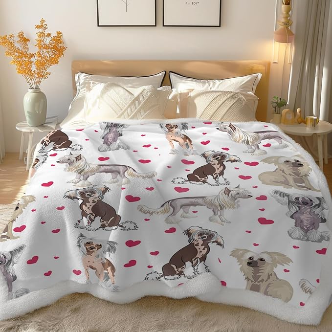 BlessLiving Red Hearts Dog Cat Print Plush Blanket Cute Puppy for Kids Adults 3D Animal Print Plush Blanket Gift for Pet Lovers (Chinese Crested,Throw, 50 x 60 Inches)