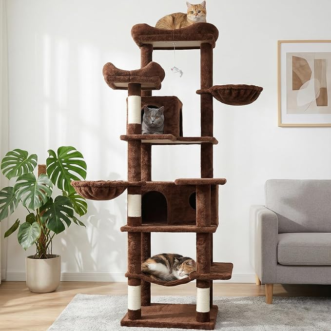 68 Inches Multi-Level Large and Tall Cat Tree Tower for Indoor Cats/Removable Pad/Cat Condo/Sisal Scratching Posts/Hammock/Cat Activity Center/Wide Base