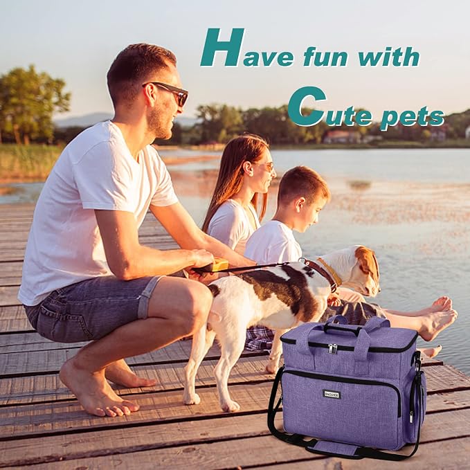 BAGLHER Dog Travel Bag, Airline Approved Pet Tote Organizer with Multi-Function Pockets, 2 X Food Storage Containers and 2 X Collapsible Bowls, Perfect Weekend Pet Travel Set for Dog, Cat Purple