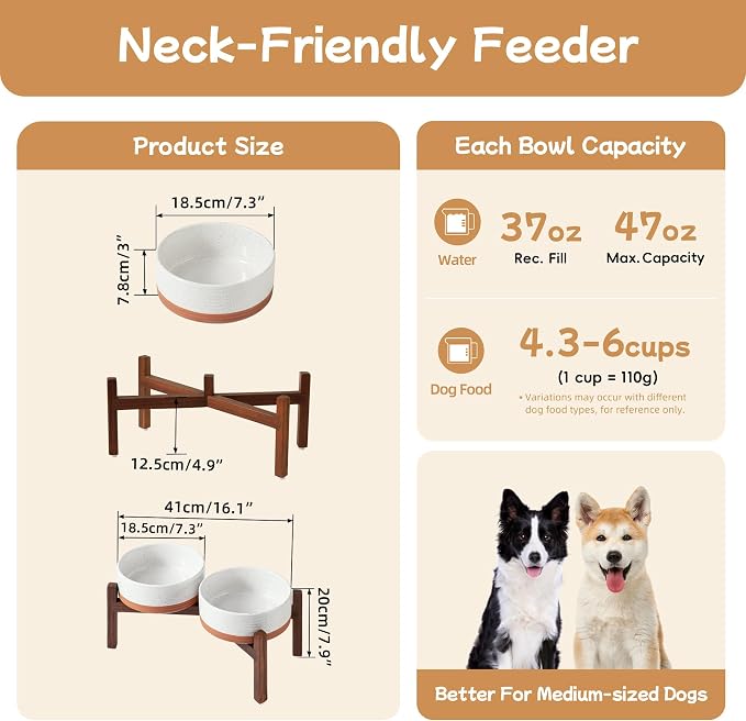 Havniva 7.3" Elevated Dog Bowls Ceramic Raised Dog Bowl with Non-Slip Stand (Acacia Wood) Weighted Dog Food & Water Bowl for Medium Breed Dogs - 5 Cups 41 oz