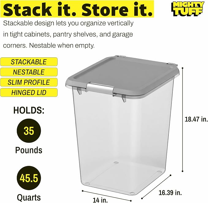 Mighty Tuff 35 lb Pet Food Storage Container with Airtight Lid, Clear | Secure lid clasp helps keep dog and cat food fresh while the clear container simplifies pantry organization.