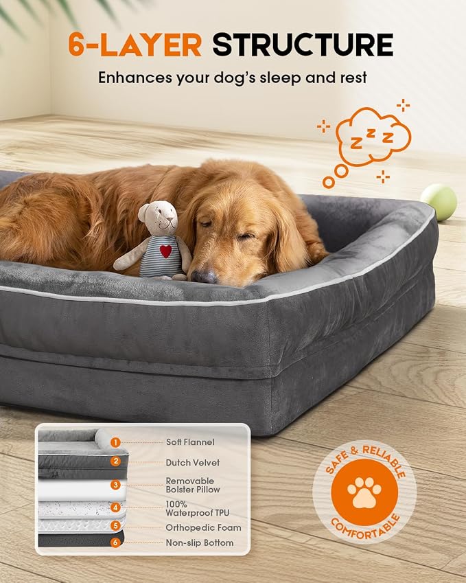 Upvilla Orthopedic Dog Bed XL, Four-Sided Cushioned Egg-Shaped Foam Dog Sofa, Waterproof Removable Cover, Pet Sofa Bed with Non-Slip Base, Extra Large Dog Bed,Gray
