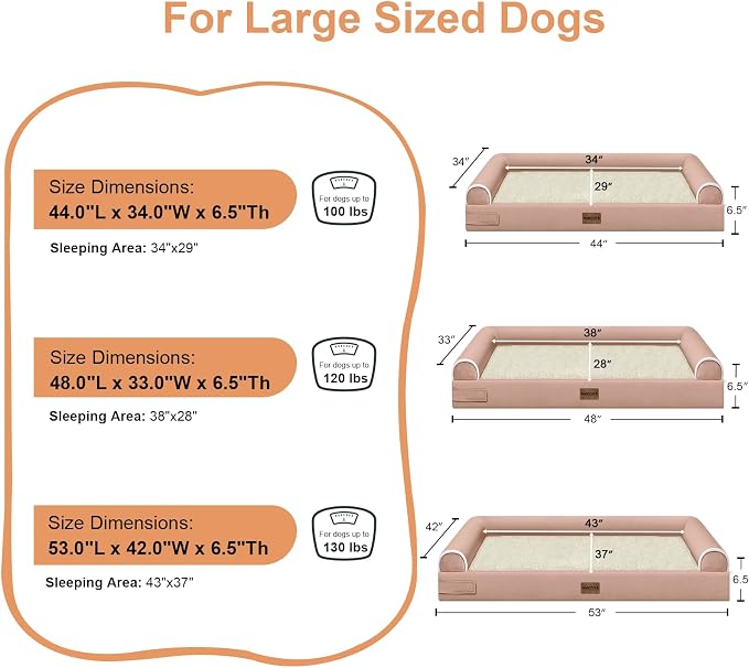 NANUYA Orthopedic Dog Bed for Jumbo Dogs, 53 x 42 Inch, Pink | Egg crate foam for joint support, 3-sided bolster pet sofa, waterproof lining, washable cover, and non-skid base