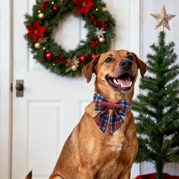 DOGWONG Christmas Dog Collar with Bow Tie, Red Green Plaid Dog Collar Durable Metal Buckle Adjustable Soft & Cute Red Grid Dogs Collars for Small Medium Large Dogs, L