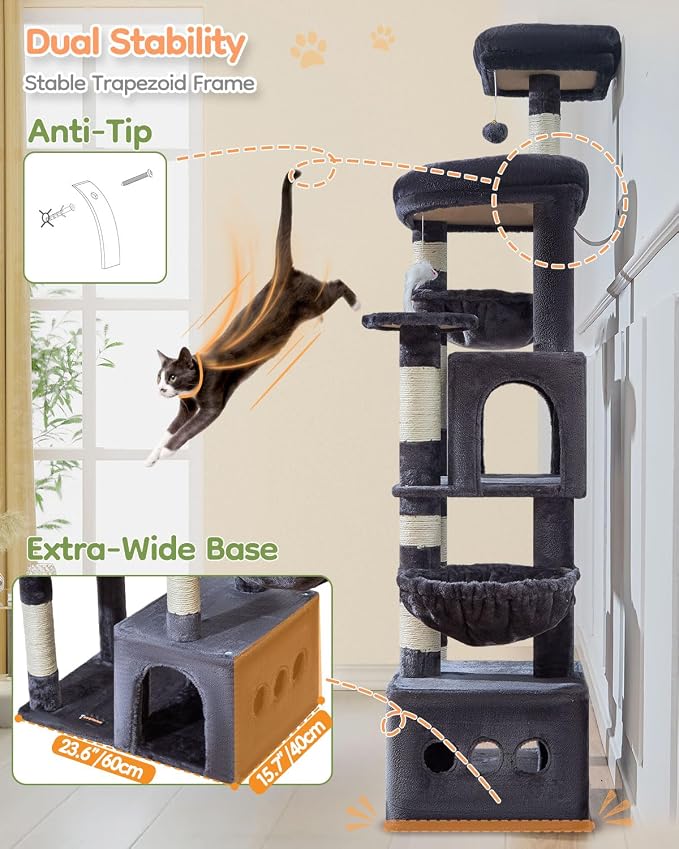 Taoqimiao 71in Cat Tree, Heavy Duty Large Cat Tower for Indoor Cats MS050G | Extra Wide Sturdy Base, Tall Multi-level, 7 Sisal Scratching Posts, 2 Houses, 2-Post Supported Baskets, 2 Perches, Smoke Gray