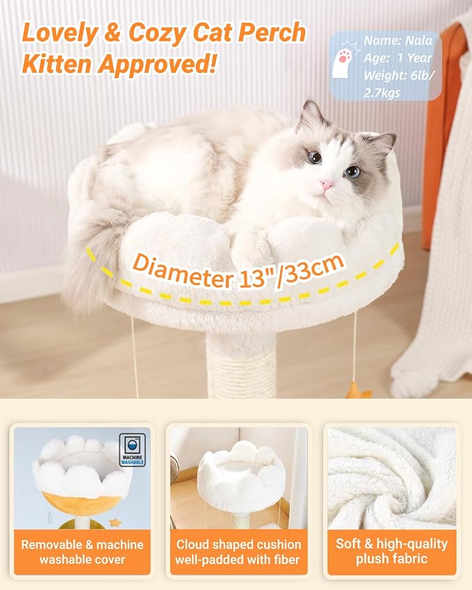 Cloud Cat Tree, Cat Scratching Post with Soft Bed for Kitten | Natural Sisal Posts, Small Cat tree, Kitten Scratching Post, Cute Toys & Catnip, Easy To Clean, Stable Structure, Home Decor