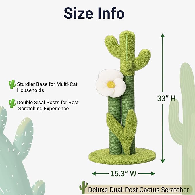 Happi N Pets 33" Tall Cactus Cat Scratching Post for Large Cats, Heavy Duty Double Scratch Posts with Flower & Crinkle Leaves, Cactus Cat Tree with 2 Bonus Toy & Catnip, Green Stable Scratching Post