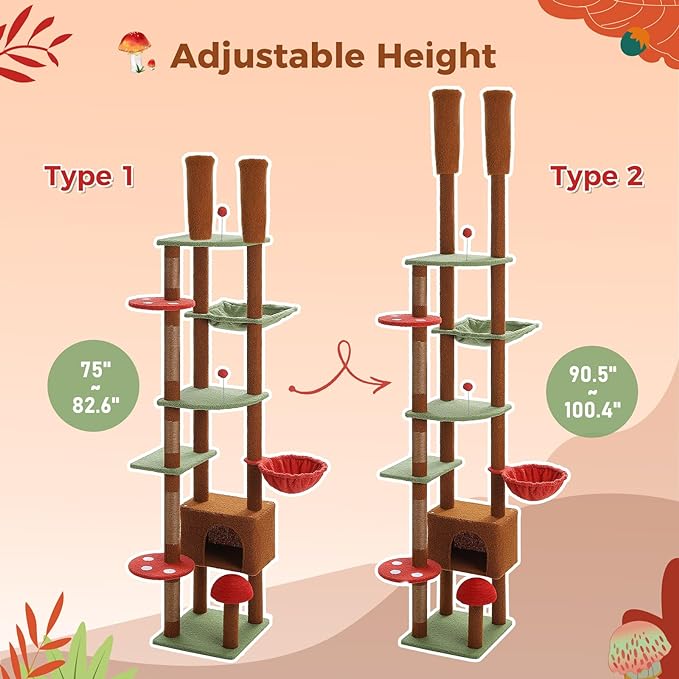 PEQULTI Floor to Ceiling Cat Tree Tower, Height Adjustable 230-252cm, Brown | Mushroom climbing pole for large cats with cat condo, hammock & sisal scratching posts; measure ceiling, fits 230-252cm