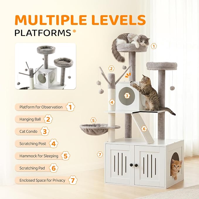 VINGLI Cat Tree Tower with Litter Box, 54" H All-in-1 Wooden Cats Condo, Cat Tower wih Scratching Posts, Houses for Indoor Kittens Hidden Cat Washroom Furniture (White Cabinet)