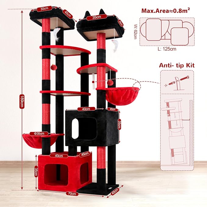 Globlazer S74E Pro Gothic Heavy Duty Maine Coon Cat Tree for Large Cats | 74in Sturdy Multi-Level Tall Cat Tree Tower for Indoor Adult Cats with Scratching Posts, 2 Cat Condos, 2 Top Perches