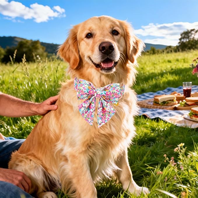 Floral Dog Collar for Girl Dogs, Spring Summer Pink Flower Dog Collar with Bowtie- Adjustable Female Sailor Bow Puppy Collar for Small Dogs XS