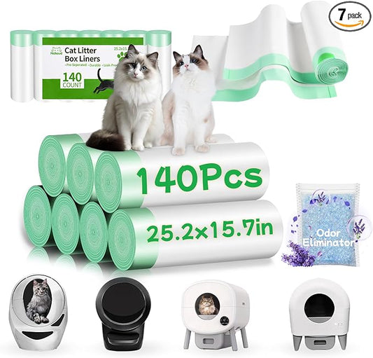 140 Count Cat Litter Box Liners for Automatic Litter Box, Pre-Separated Easy-Dispense Waste Bags with Drawstring, Heavy Duty Leak-Proof Liners Compatible with Litter-Robot 4/5/3, 25.2"x15.7"