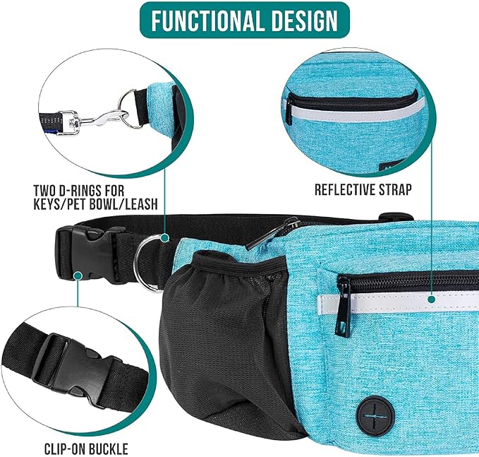 PetAmi Dog Fanny Pack, Treat Pouch for Dog Walking Training, Turquoise Blue | Built in Poop Bag Dispenser, Water Bottle Holder, Collapsible Bowl, Pet Treat Waist Belt for Hiking Running Kibbles
