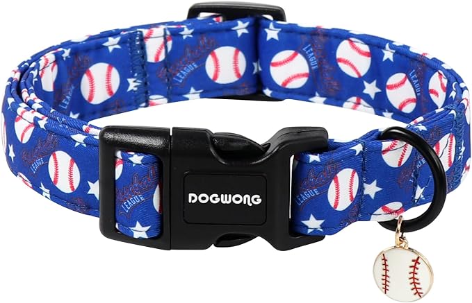 DOGWONG Baseball Dog Collar, Spring Summer Boy Dog Collar,Blue Patriotic Blue Baseball Boy Dogs Collars for Large Dogs, Neck 42-66 inches