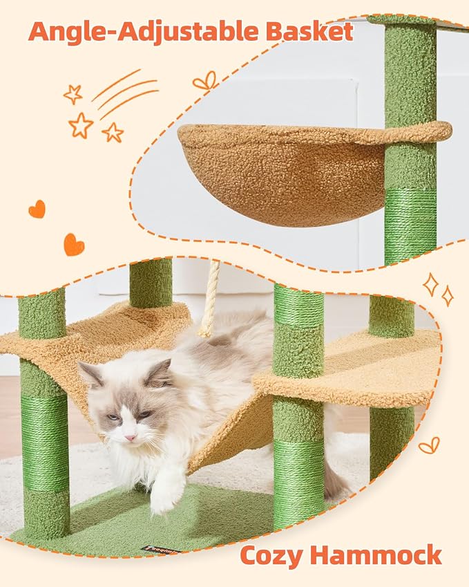 Taoqimiao Cactus Cat Tree, 67 in Tall Cat Tower with 2 Plush Cat Condos | 7 Scratching Posts, 2 Top Perches, Cozy Hammock & Basket, Indoor Cats, 2 Pompoms & Mouse Toy, MS013T