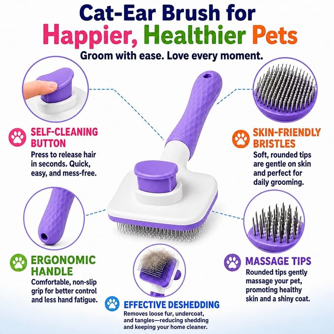Pet Grooming Brush for Cats & Dogs, Self-Cleaning Undercoat Deshedding & Massage Tool, Purple