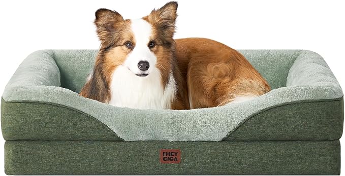 EHEYCIGA Orthopedic Dog Bed for Medium Dog, 35x22 Inch Memory Foam Dog Couch Bed with Sides, Waterproof Liner & Washable Removable Cover, Bolster Pet Sofa, Green
