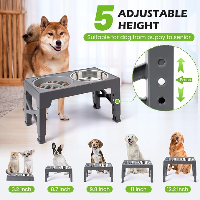 Elevated Dog Bowls with 5 Adjustable Heights Stand | 2 Stainless Steel Bowls, 1 Slow Feeder, 3.2" to 12.2" Hegiht Raised Dog Bowl for Small to Large Dogs